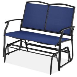 2 Seat Mesh Patio Loveseat Swing Glider Rocker with Armrests in Navy Blue