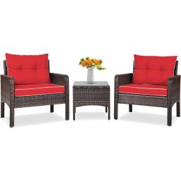 3-Piece Brown PE Rattan Outdoor Dining Patio Furniture Set with Red Cushions