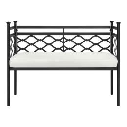 Outdoor Patio Black Metal Garden Bench with White Natural Seat Cushion