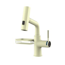 Pull-out Mixer For Hot And Cold Water Basin With Digital Display (Option: Creamy White-Soap Basket)