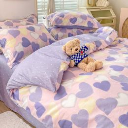 Cotton Duvet Cover Sheet Dormitory Three Piece Bedding Set (Option: Purple Haze-1.8M Fitted Sheet 4PCS Set B)