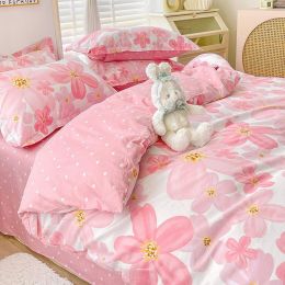 Cotton Duvet Cover Sheet Dormitory Three Piece Bedding Set (Option: Flower Fragrance-1.8M Fitted Sheet 4PCS Set B)